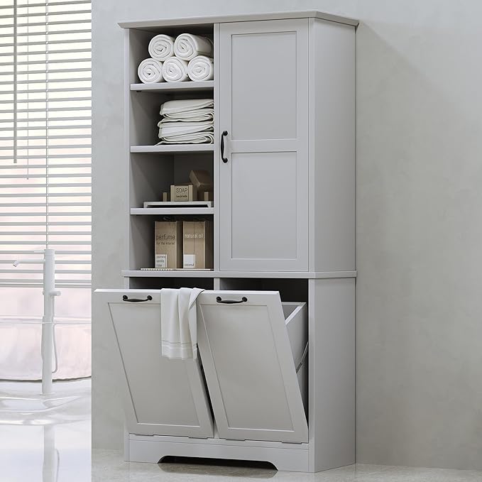 Merax Cabinet with Tilt-Out Laundry Hamper Basket, Tall Bathroom Storage Organizer Linen with Open Shelf for Home, Freestanding, Gray