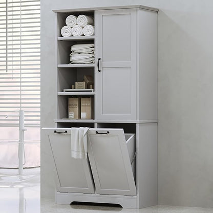 Merax Cabinet with Tilt-Out Laundry Hamper Basket, Tall Bathroom Storage Organizer Linen with Open Shelf for Home, Freestanding, Gray