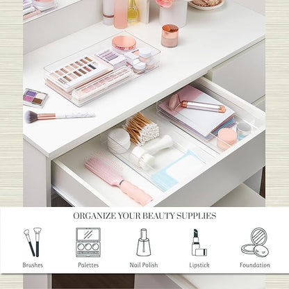 STORi SimpleSort 3-Piece Stackable Clear Drawer Organizer, 12" x 6" x 2" | Rectangle Trays, Wide Makeup Vanity Storage Bins, Office Desk Drawer Dividers, Made in USA