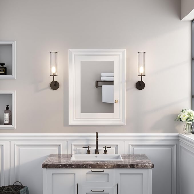 WELLFOR 24"x 32" Bathroom Medicine Cabinet with Mirrors, Recessed Wood Medicine Cabinet with 3-Tier Adjustable Glass Shelves and Soft-Close Door