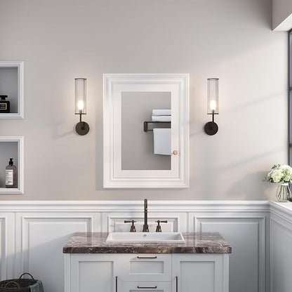 WELLFOR 24"x 32" Bathroom Medicine Cabinet with Mirrors, Recessed Wood Medicine Cabinet with 3-Tier Adjustable Glass Shelves and Soft-Close Door