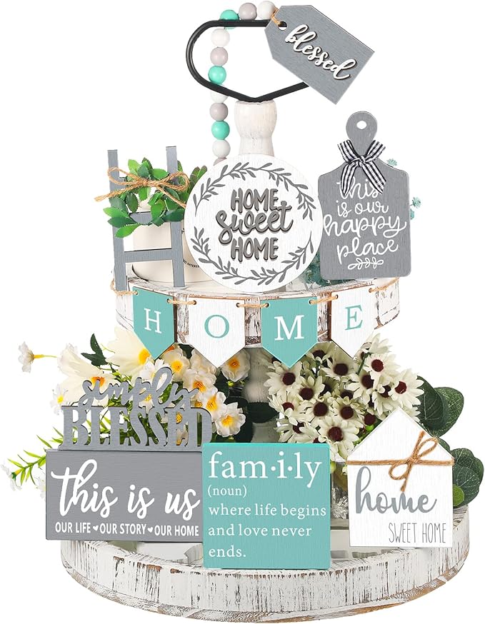 11 pcs Home Tiered Tray Decor This is us Rustic Farmhouse Tiered Tray Decorations Set Home Wooden Signs Vintage Farm Animal Farmhouse Tabletop Wood Signs for Kitchen Table Shelf Decor