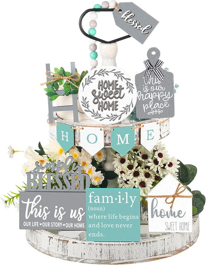 11 pcs Home Tiered Tray Decor This is us Rustic Farmhouse Tiered Tray Decorations Set Home Wooden Signs Vintage Farm Animal Farmhouse Tabletop Wood Signs for Kitchen Table Shelf Decor