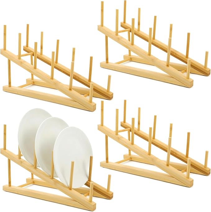 4 Pcs Wooden Dish Drying Rack, Bamboo Plate Dish Rack Stand for Kitchen Cabinet, Cabinet Cutting Board Display Stand for Dishes Plate Bowl Water Bottles Cup Pot Lid Cutting Board
