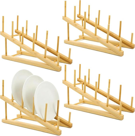 4 Pcs Wooden Dish Drying Rack, Bamboo Plate Dish Rack Stand for Kitchen Cabinet, Cabinet Cutting Board Display Stand for Dishes Plate Bowl Water Bottles Cup Pot Lid Cutting Board