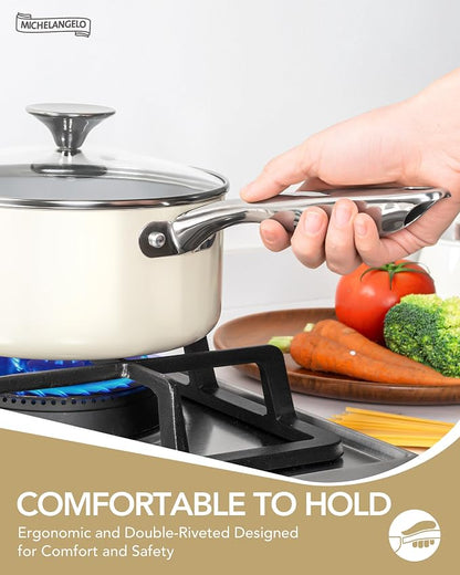 MICHELANGELO Pots and Pans Set Non Stick 8 Piece Ceramic Cookware Set Cream | PFAS-Free Cream Ceramic Nonstick Cookware Set for Eggs, Pancakes, Sauces, Low-Oil Cooking and Induction Ready, Fast Cleanup