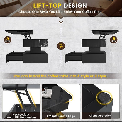 SEDETA 47.2" Lift Top Coffee Table, Coffee Tables with Storage for Living Room, 2 Drawers Coffee Table with Power Outlet & LED Light for Dining Reception Room, High Gloss Black