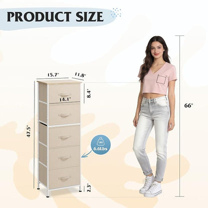 WLIVE Fabric Dresser, 5-Drawer Tall Dressers for Bedroom, Storage Dresser Organizer with Fabric Bins, Wood Top, Sturdy Steel Frame, Chest of Drawers for Closet, Hallway, Cream White