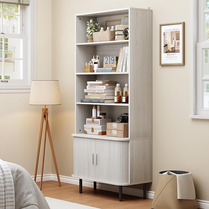 ONBRILL 71" Tall Bookshelf, 4-Tier Bookcase with Storage Cabinet & Adjustable Shelves, Freestanding Wood Bookshelf with Sliding Door and Adjustable Footpad, for Home Office, Living Room, Natural White