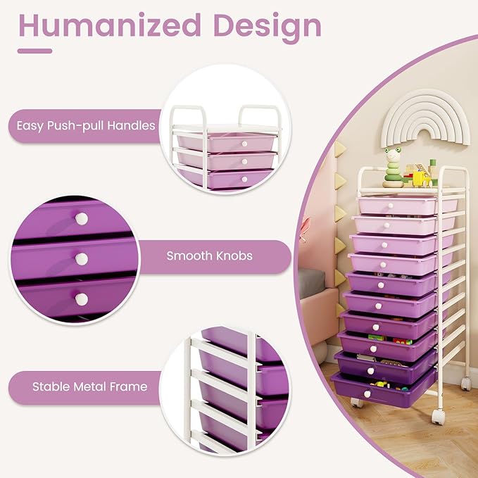 RELAX4LIFE 10 Drawer Rolling Cart - Slim Storage Cart w/Lockable Wheels for Classroom School Teacher Office, Art Supplies Paper Scrapbook Craft Organizers, Utility Cart with Drawers (Gradient Purple)