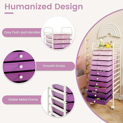 RELAX4LIFE 10 Drawer Rolling Cart - Slim Storage Cart w/Lockable Wheels for Classroom School Teacher Office, Art Supplies Paper Scrapbook Craft Organizers, Utility Cart with Drawers (Gradient Purple)