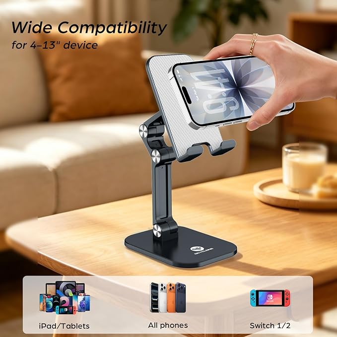 OCYCLONE Phone Stand, Foldable Cell Phone Stand Holder for Desk Office Accessories Adjustable Height and Angle iPhone Stand Compatible with 4"-13" Phones iPad Tablet - Black