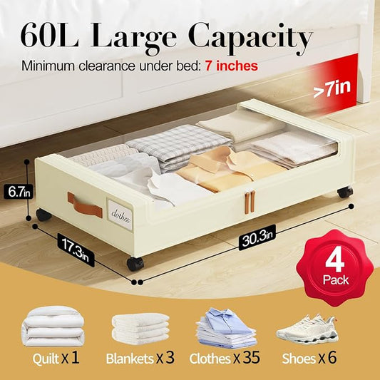 Yecaye Under Bed Storage with Wheels, 4 Pack Under the Bed Storage Containers with Lids & Label, XXL 60 L Rolling Underbed Storage Drawers for Clothes, Blankets, Shoes, Beige