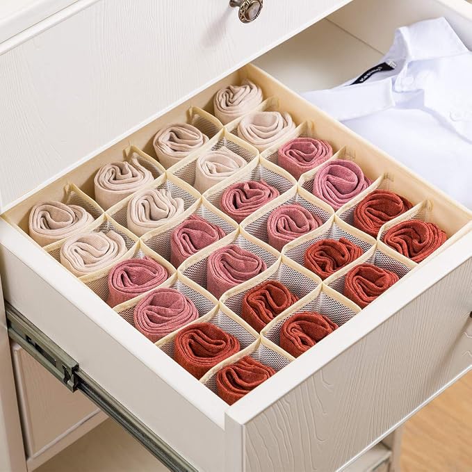 Qozary 2 Pack Socks Underwear Drawer Organizer Divider, 24 Cell or 16 Cell Collapsible Cabinet Closet Organizer Storage Boxes for Clothes, Socks, Lingerie, Underwear, Ties
