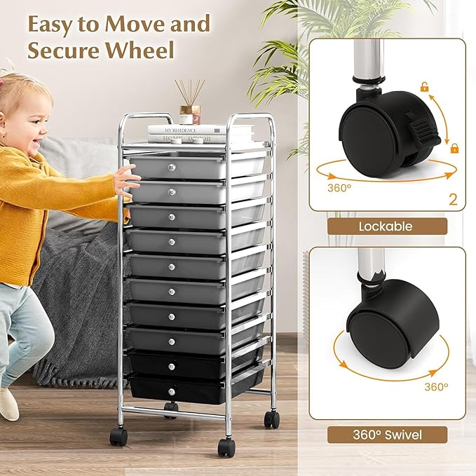 OFFICEJOY Storage Cart, Rolling Utility Cart with 10 Drawers, Portable Handles & Lockable Wheels, Mobile Paper Toys Storage Organizer Large Capacity for Home Office School Teacher (Gradient Black)