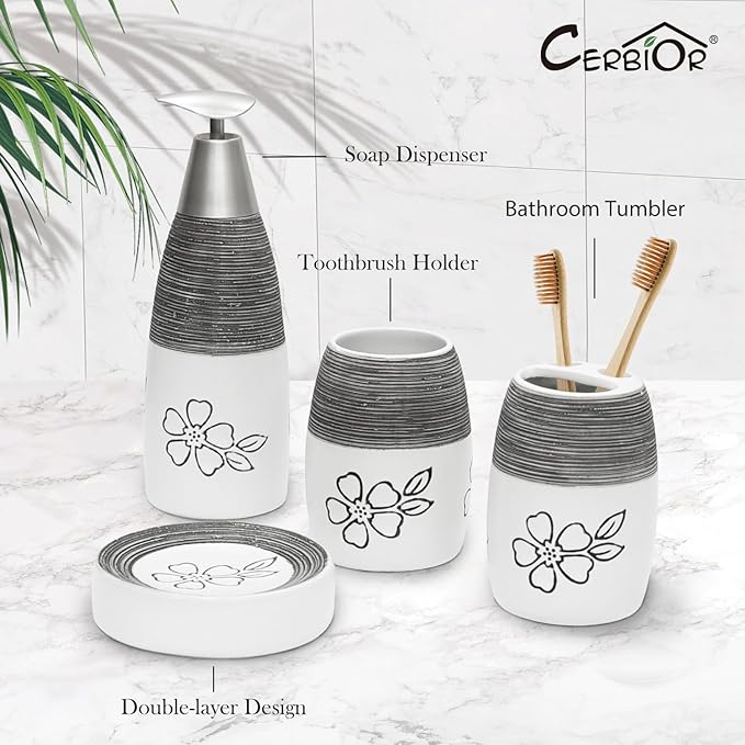CERBIOR Bathroom Accessories Set,4 Pcs Ceramic Bathroom Decor Accessory,Includes Toothbrush Holder, Toothbrush Cup, Soap Dish for Decorative Countertop and Housewarming Gift, (White Flower)