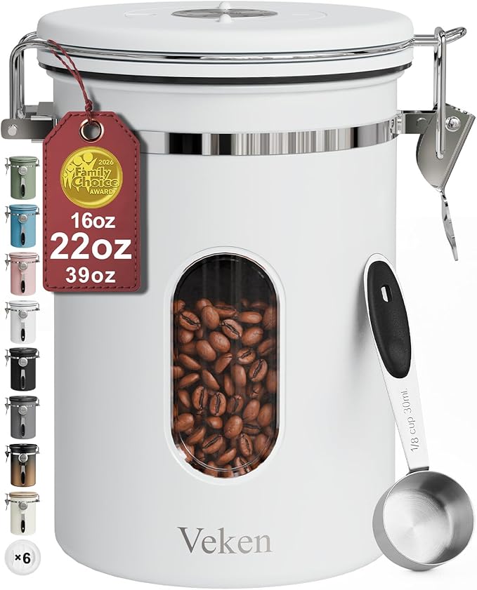 Veken Coffee Canister with Window, Airtight Stainless Steel Kitchen Food Storage Container with Lids, Date Tracker and Scoop for Ground, Beans, Tea, Flour, Cereal, Sugar Jars, 22OZ, White