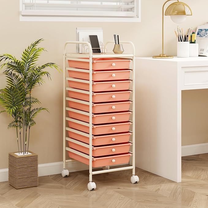 RELAX4LIFE 10 Drawer Rolling Cart - Slim Storage Cart w/Lockable Wheels for Classroom School Teacher Office, Art Supplies Paper Scrapbook Craft Organizers, Utility Cart with Drawers (Peach Pink)