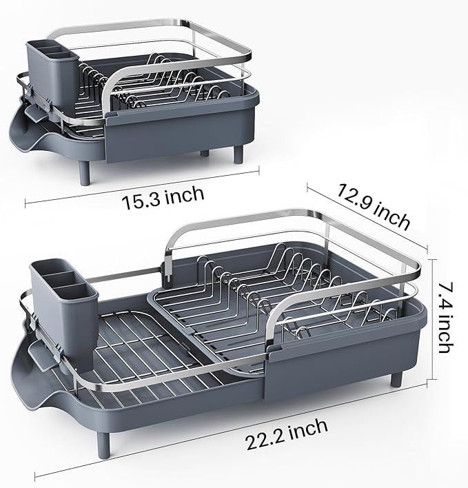 SAYZH Dish Drying Rack - Expandable Dish Rack for Kitchen Counter, Rust-Resistant Dish Drainer with Utensil Holder and Raised Guardrail, Kitchen Organizer for Cup and Bottle (Grey)