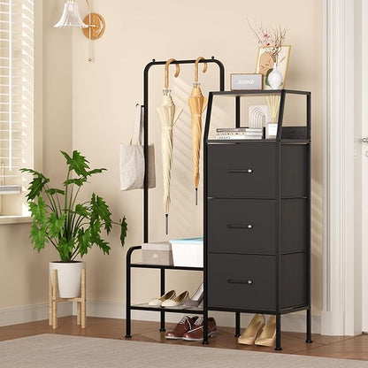 SWTYMIKI Dresser with Hanging Rack - 3 Fabric Drawers Kids Dresser for Bedroom - Reversible Tall Storage Tower, Small Space Clothes Storage Organizer Cabinet for Apartment, Dorm 49.21''H, Black