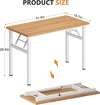 DlandHome Folding Desk Small Desk 31.5 inches Computer Desk for Home Office Folding Table Writing Table for Small Spaces No Assembly Required Teak & White Frame