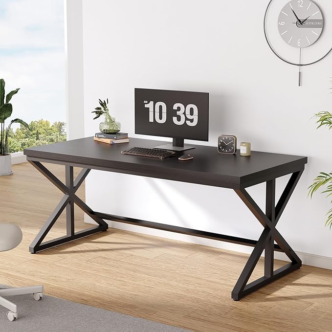 IBF Modern Black Computer Desk, Long Home Office Desk for Writing Study, Large Simple Wood Metal Work Desk in Bedroom, Big Industrial Pc Gaming Workstation Executive Computer Table, Black Oak, 60 Inch