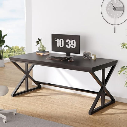 IBF Modern Black Computer Desk, Long Home Office Desk for Writing Study, Large Simple Wood Metal Work Desk in Bedroom, Big Industrial Pc Gaming Workstation Executive Computer Table, Black Oak, 60 Inch