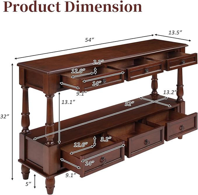 Vintage Solid Wood Console Table with 6 Drawers - 54" Hallway Sofa Table with Bottom Shelf for Entrance, Living Room & Foyer, Cherry