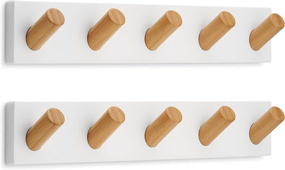 LARHN Wall Mounted Coat Rack, White with 5 Heavy-Duty 1" Diameter Hooks (2-Pack), 16.5" - Wall Hook Rack - Modern Scandinavian Home Decor