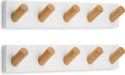 LARHN Wall Mounted Coat Rack, White with 5 Heavy-Duty 1" Diameter Hooks (2-Pack), 16.5" - Wall Hook Rack - Modern Scandinavian Home Decor