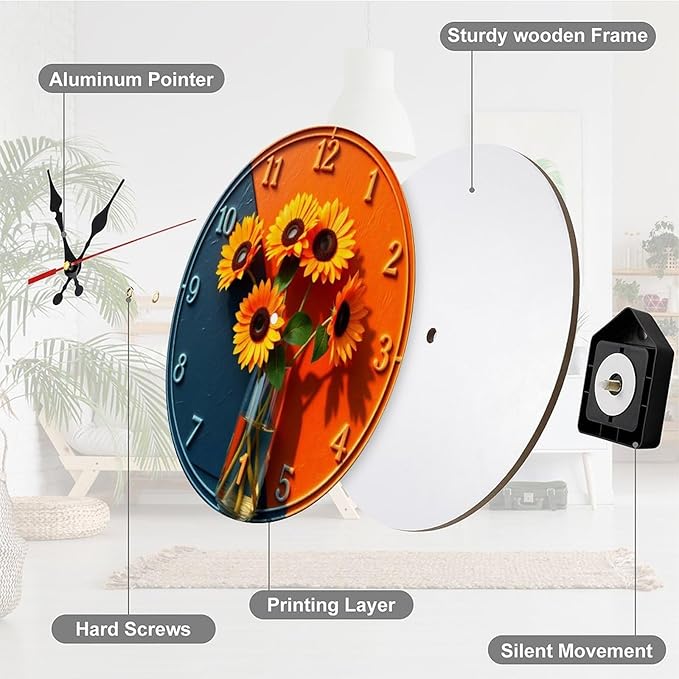 Wall Clock， Sunflower Modern Non Ticking Wall Clocks Battery Operated， Orange and Blue Wooden Wall Clocks for Kitchen， Living Room， Bedroom， Office， Bathroom Decorative 25 * 25cm