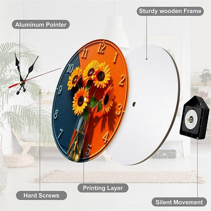 Wall Clock， Sunflower Modern Non Ticking Wall Clocks Battery Operated， Orange and Blue Wooden Wall Clocks for Kitchen， Living Room， Bedroom， Office， Bathroom Decorative 25 * 25cm