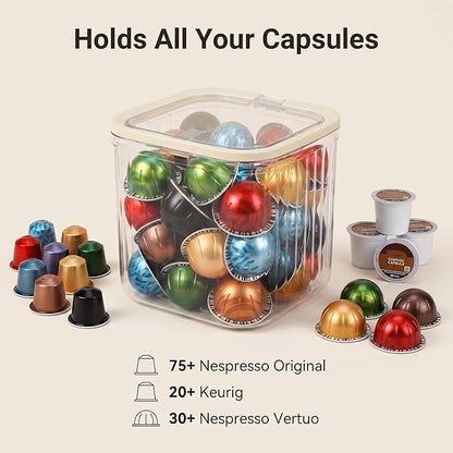 Clear Coffee Pod Holder with Lid, Coffee Pods Storage for Counter, Small Plastic Storage Bin for Nespresso & Keurig Pods, Kitchen Cabinet Organization and Pantry Food Storage Box for Countertop