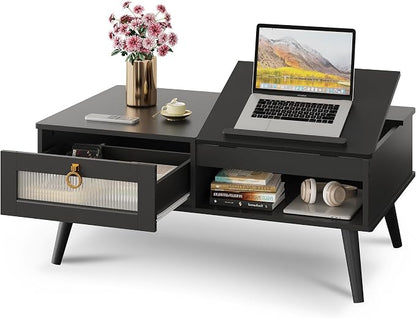WLIVE Coffee Table, Lift Top Coffee Table with Storage Shelf, Drawer, Height Adjustable and Tilting Tabletop for Living Room, Mid Century Modern, Wood, Black