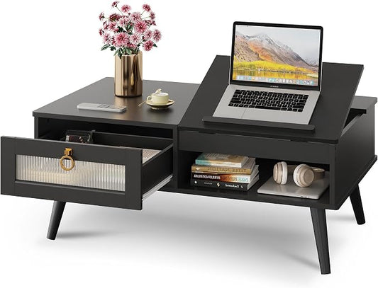WLIVE Coffee Table, Lift Top Coffee Table with Storage Shelf, Drawer, Height Adjustable and Tilting Tabletop for Living Room, Mid Century Modern, Wood, Black