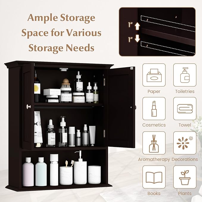 Giantex Wall Mounted Medicine Cabinets - Above Toilet Bathroom Cabinet with Adjustable Shelf, Open Shelf, Over The Toilet Space Saver Storage Cabinet for Laundry Room, Kitchen, Cupboard (Brown)