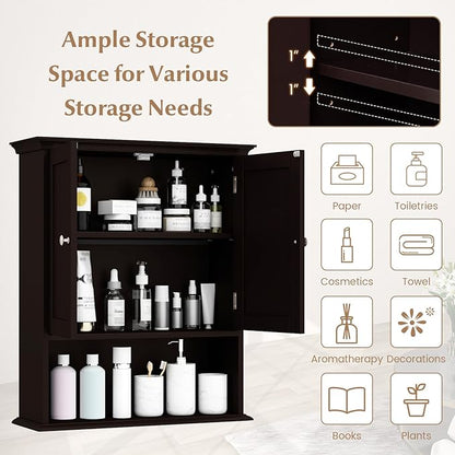 Giantex Wall Mounted Medicine Cabinets - Above Toilet Bathroom Cabinet with Adjustable Shelf, Open Shelf, Over The Toilet Space Saver Storage Cabinet for Laundry Room, Kitchen, Cupboard (Brown)