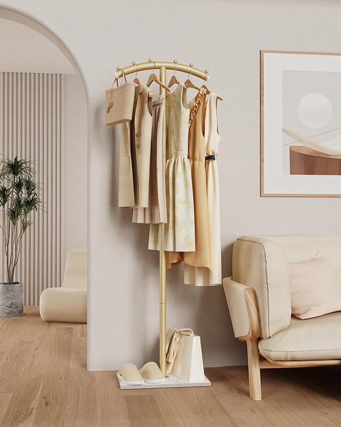 Arcuate Garment Rack, T-shaped Coat Tree Freestanding, Metal Coat Racks, Natural Stable Rock Base, Suitable For Entrances, Corridors, Halls, 68.9in, Gold