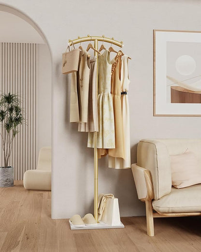 Arcuate Garment Rack, T-shaped Coat Tree Freestanding, Metal Coat Racks, Natural Stable Rock Base, Suitable For Entrances, Corridors, Halls, 68.9in, Gold