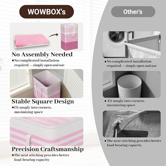 WOWBOX 2 Pack Laundry Baskets, Laundry Hampers, Freestanding Dirty Clothes Hampers with Reinforced Handles & Cross Stitch & Waterproof Coating, for Laundry Bedroom Bathroom Dorm,88L Pink