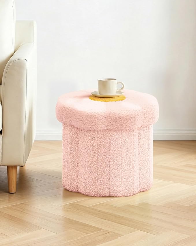 B FSOBEIIALEO Storage Ottoman Foldable, Sunflower Shaped Small Footrest Collapsible Folding Seat Bench for Bedroom Living Room Entryway, Faux Teddy Fur, Pink 12.6"x12.6"x11.4"