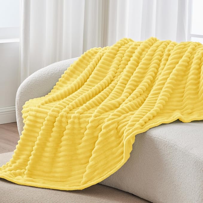 BEDELITE Twin Blanket for Couch & Bed, 300GSM Soft & Warm Fleece Blanket, Decorative and Giftable Striped Custard Yellow Blankets for Women, Men, 60"x80"