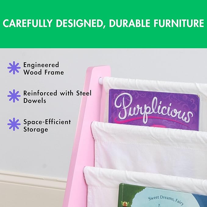 Humble Crew 4-Tier Kids Bookshelf, Pink/White - Premium Book Shelf for Kids Rooms with Four Deep Pockets - Toddler Sling Book Rack with Deep Sleeves, Nursery Bookcase Organize
