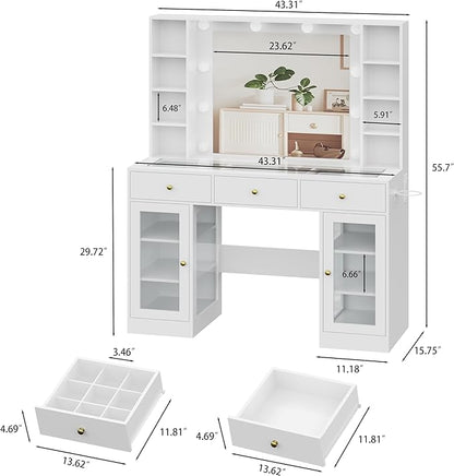 White Vanity Desk with Mirror and Lights, Glass Top Vanity with Lighted Mirror & RGB Glass Cabinet and 3 Drawers, Makeup Vanity Desk with Lights Dressing Table for Bedroom, 3 Color Modes