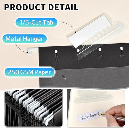 25-Pack Black Hanging File Folders, Letter Size (8.5" x 11Inch), Includes 35 Transparent Label Cards & 50 Sticker Labels,1/5-Cut Tabs for Home & Office Organization