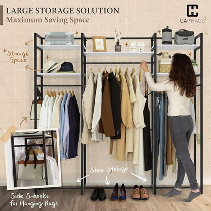 CAPHAUS 913lbs Capacity Heavy Duty Clothing Rack, 75" W Metal Garment Rack with Drawers Hanging Rods and Wood Shelves, Freestanding Closet Organizer, White Board