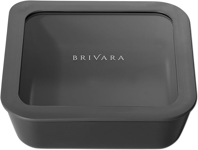 BRIVARA HOME Ceramic Coated Glass Food Storage Container | No PTFE, PFOA, PFAS, and BPA | Reusable Non Toxic Meal Prep Container with Glass Lid | Easy To Store | 5 Cup Square [Onyx]