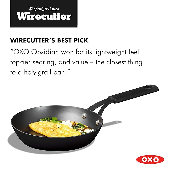 OXO Obsidian Pre-Seasoned Carbon Steel, 8" Frying Pan Skillet with Removable Silicone Handle Holder, Induction, Oven Safe, 1.8 Liters, Black