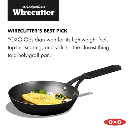 OXO Obsidian Pre-Seasoned Carbon Steel, 8" Frying Pan Skillet with Removable Silicone Handle Holder, Induction, Oven Safe, 1.8 Liters, Black