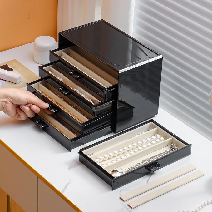 YUFONG Necklace Holder Organizer, Dustproof Necklace Box Velvet Necklace Organizer Box with Lid Clear Acrylic Dustproof Stackable Jewelry Displays for Necklaces Chain Display (Black Beige, 5 Drawer)